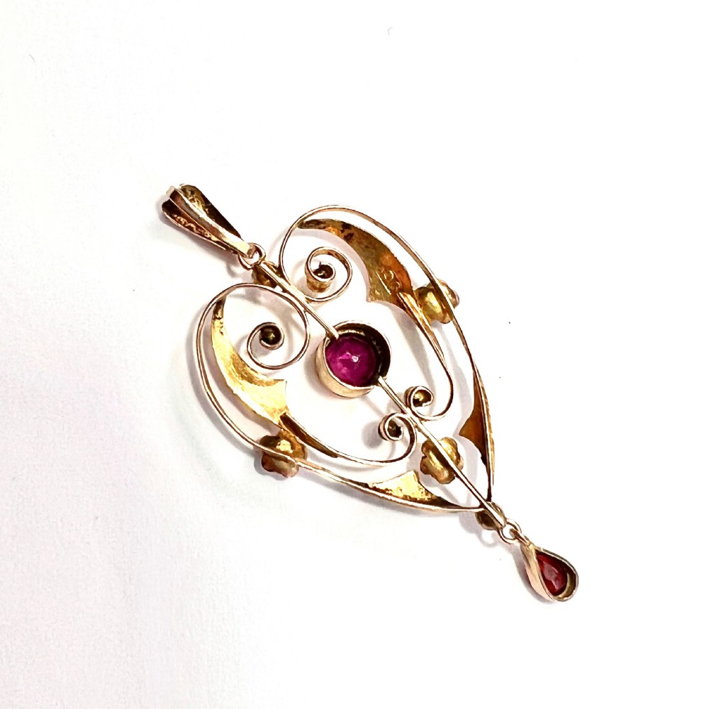 Edwardian 9CT Gold Garnet and Pearl Lavalier Pendant View IV