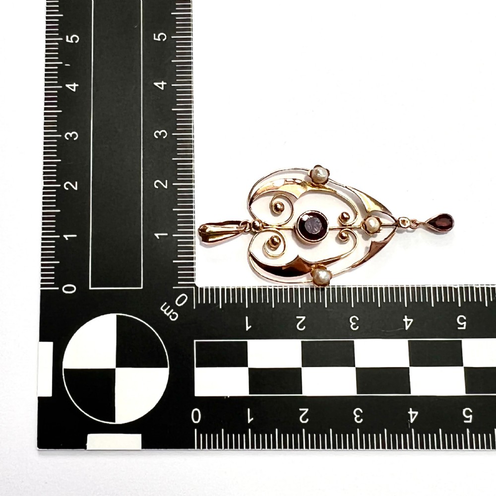 Edwardian 9CT Gold Garnet and Pearl Lavalier Pendant View V