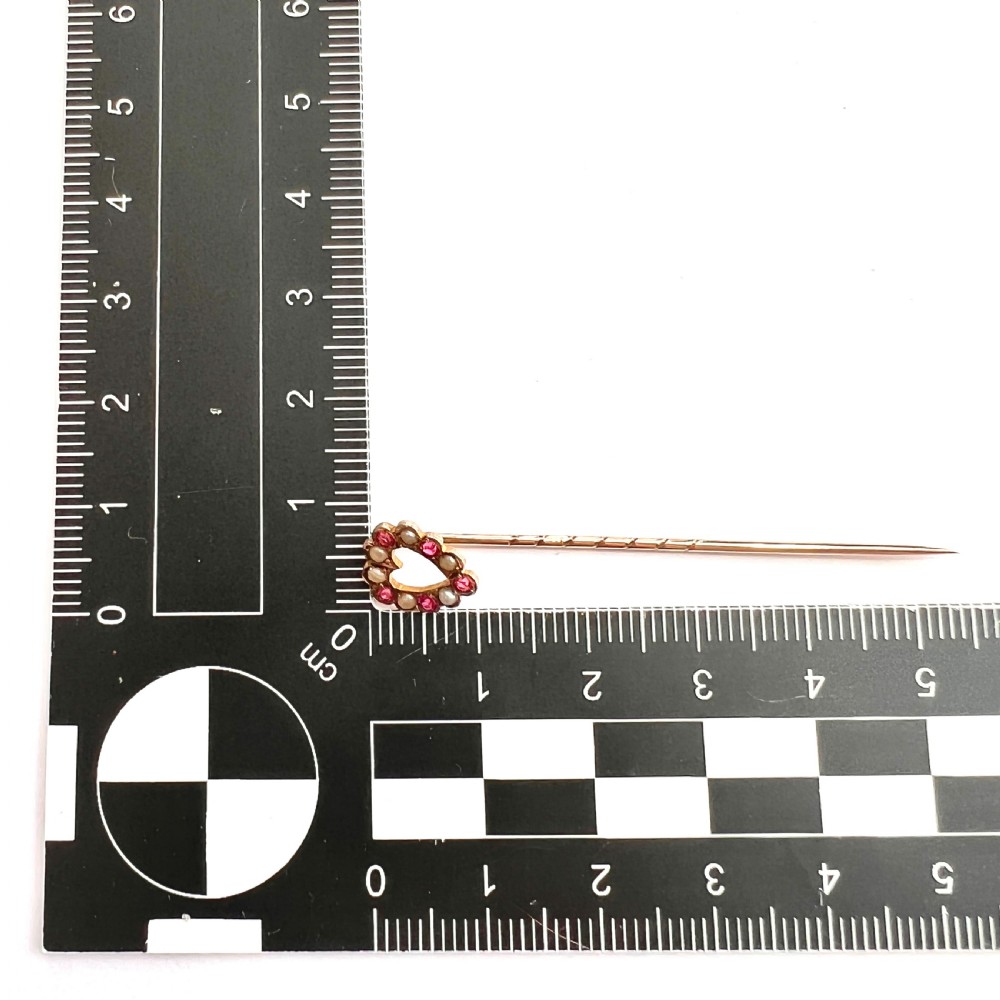 Boxed Antique 9CT Gold Heart Pearl and Paste Ruby Stick Pin View II