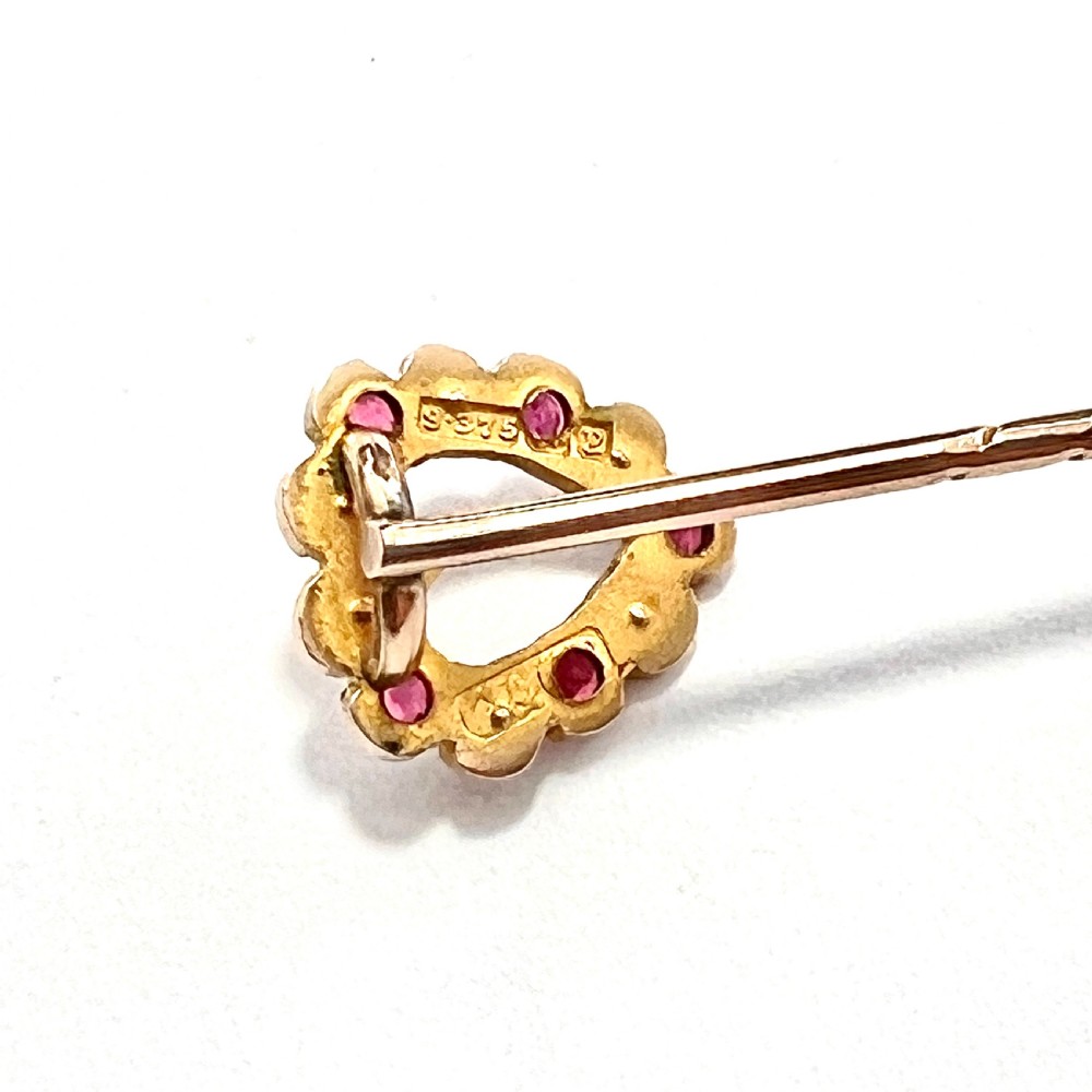 Boxed Antique 9CT Gold Heart Pearl and Paste Ruby Stick Pin View IV