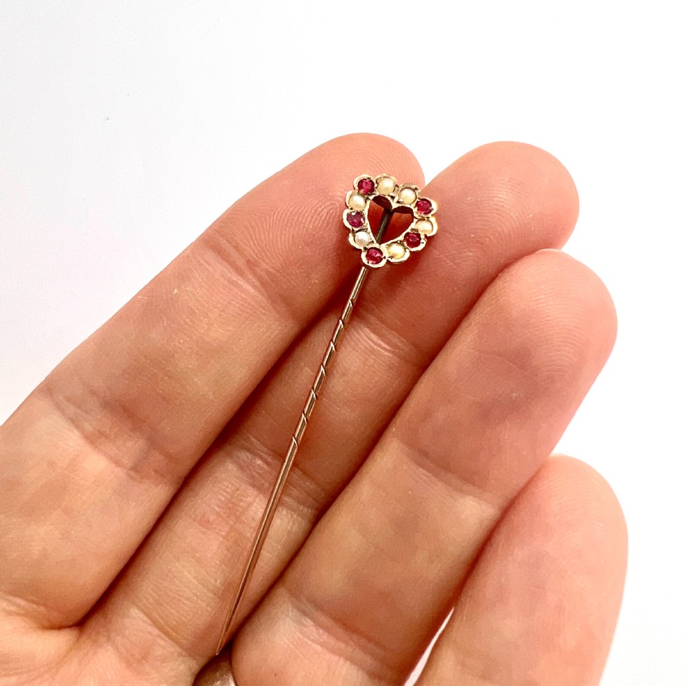 Boxed Antique 9CT Gold Heart Pearl and Paste Ruby Stick Pin View V