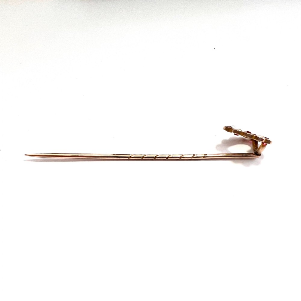 Boxed Antique 9CT Gold Heart Pearl and Paste Ruby Stick Pin View VI