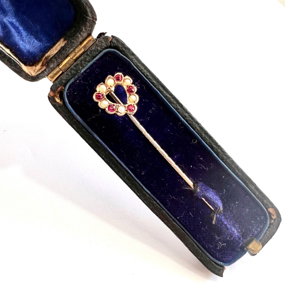 Boxed Antique 9CT Gold Heart Pearl and Paste Ruby Stick Pin View IX