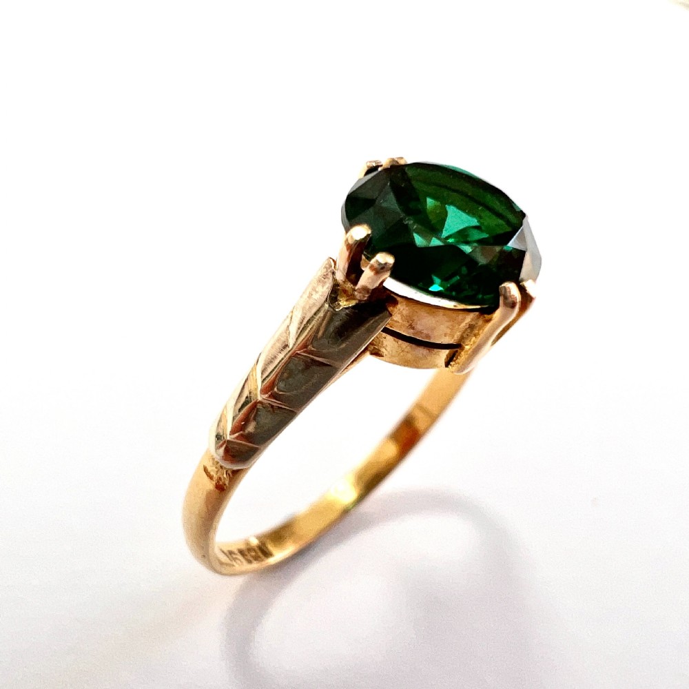 Art Deco 9CT Gold Emerald Paste Solitaire Ring View II