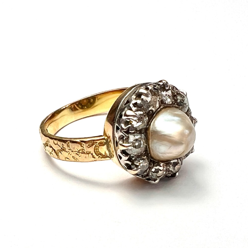 1898 Victorian 18CT Gold Old Cut Diamond and Pearl Halo Ring