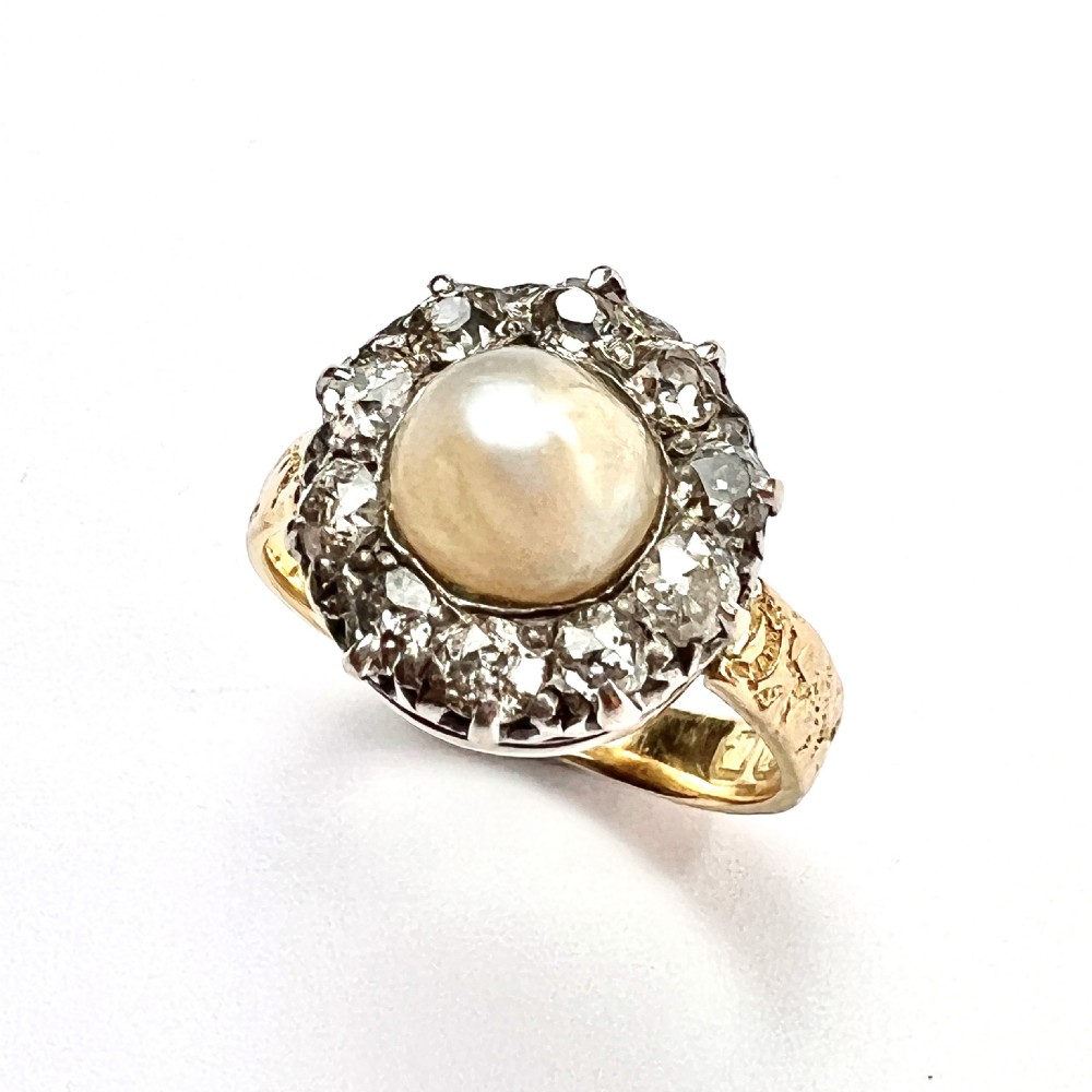 1898 Victorian 18CT Gold Old Cut Diamond and Pearl Halo Ring View IV
