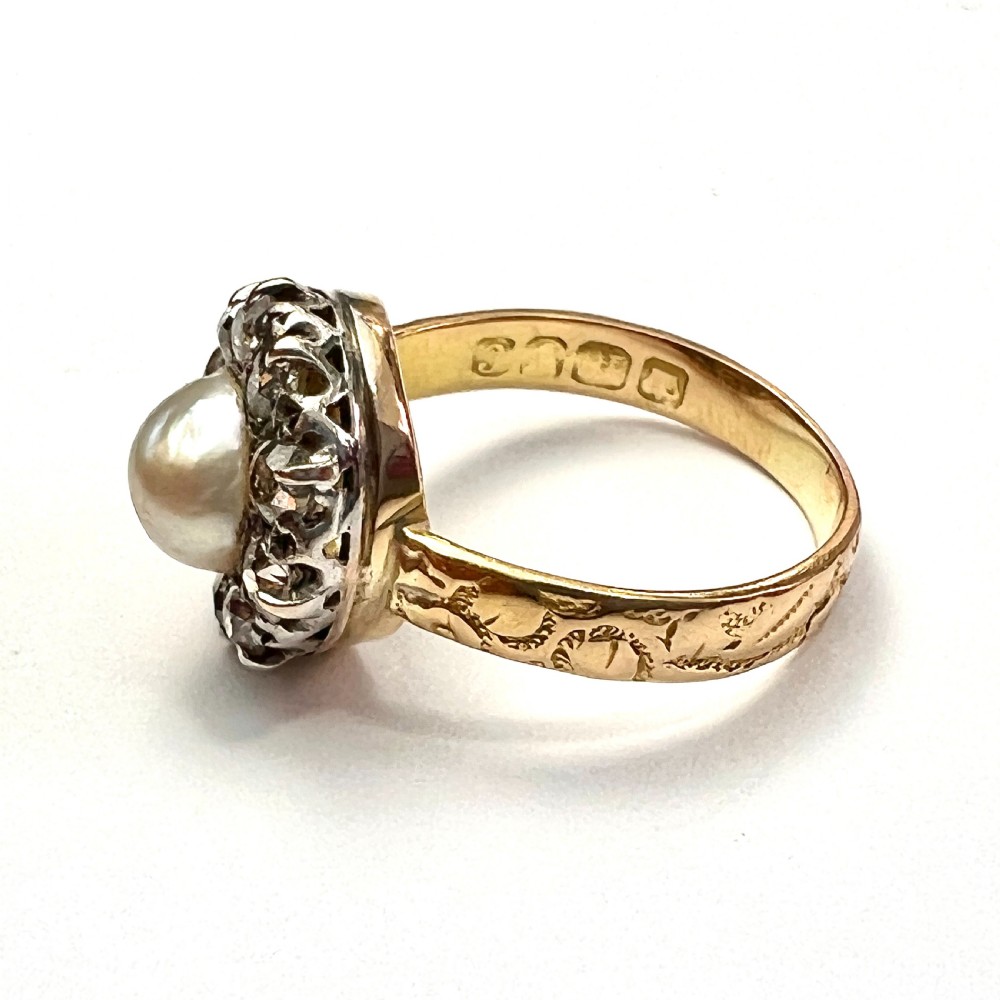 1898 Victorian 18CT Gold Old Cut Diamond and Pearl Halo Ring View V