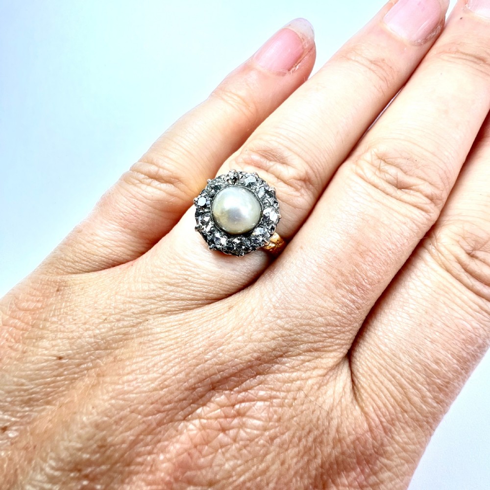 1898 Victorian 18CT Gold Old Cut Diamond and Pearl Halo Ring View VII