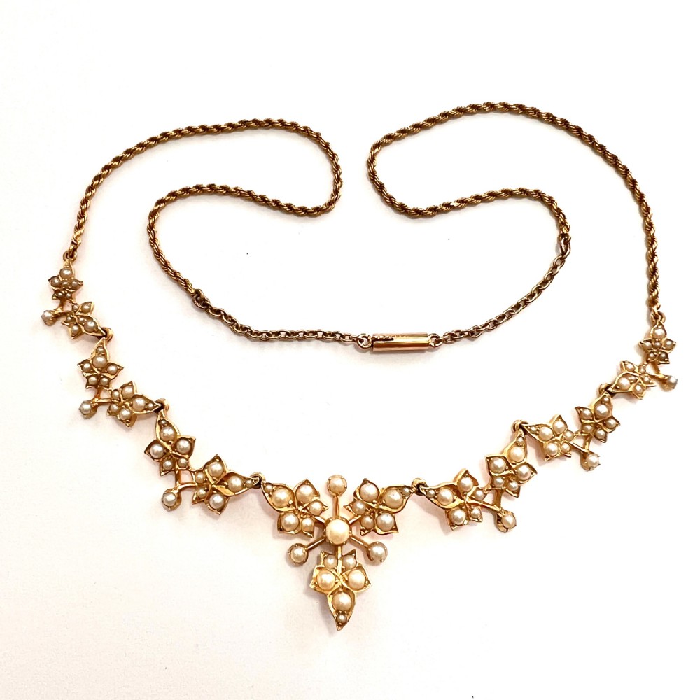 RESERVED • Edwardian 15CT Gold Seed Pearl Ivy Leaf Necklace