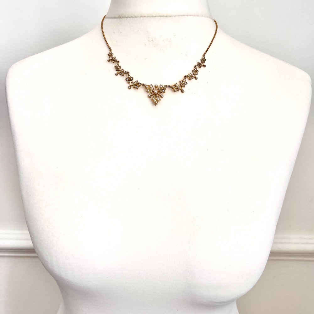 RESERVED • Edwardian 15CT Gold Seed Pearl Ivy Leaf Necklace View II