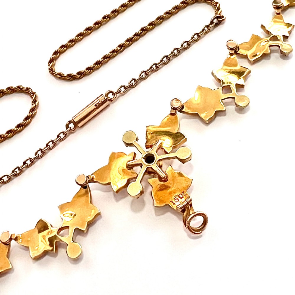 RESERVED • Edwardian 15CT Gold Seed Pearl Ivy Leaf Necklace View VI