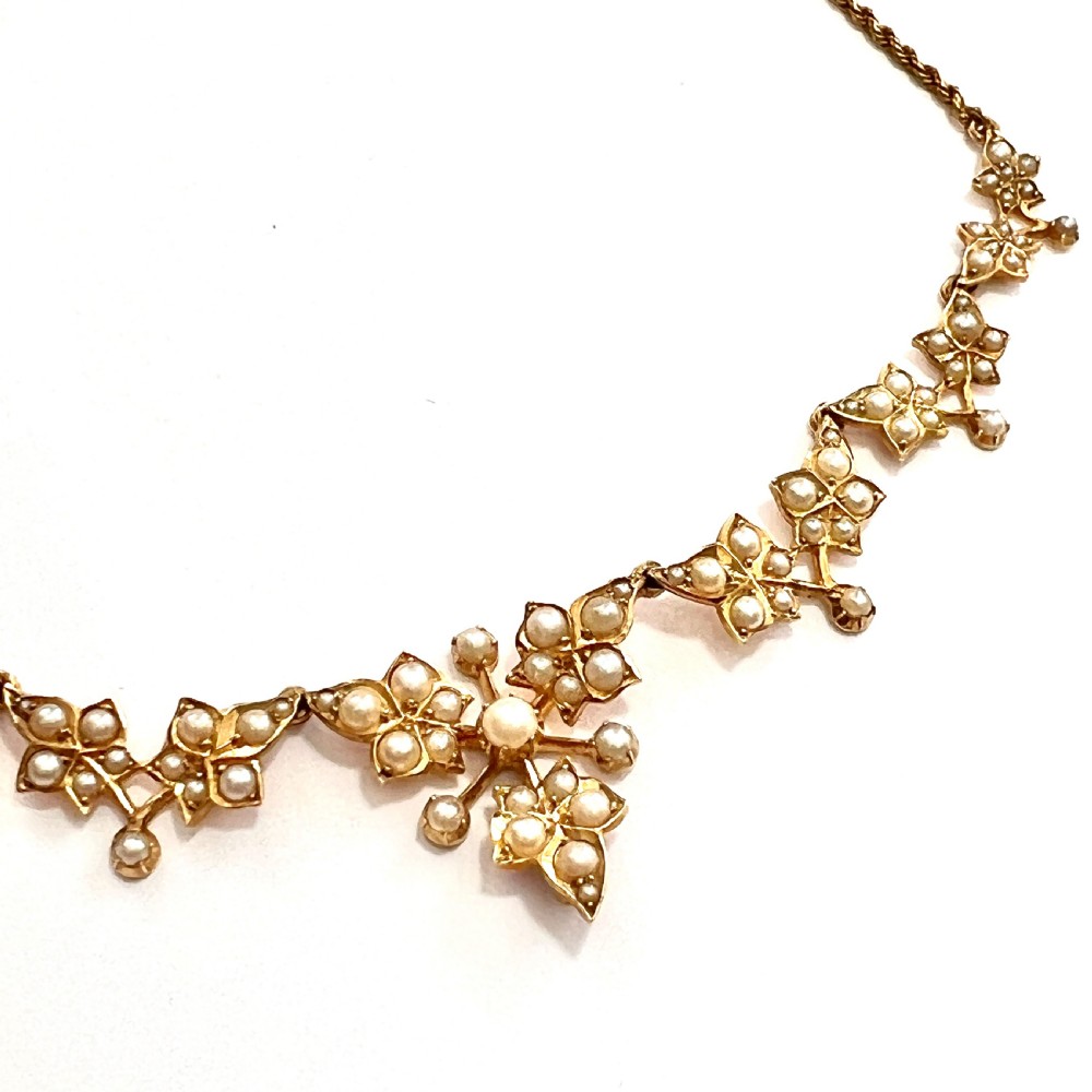 RESERVED • Edwardian 15CT Gold Seed Pearl Ivy Leaf Necklace View VII