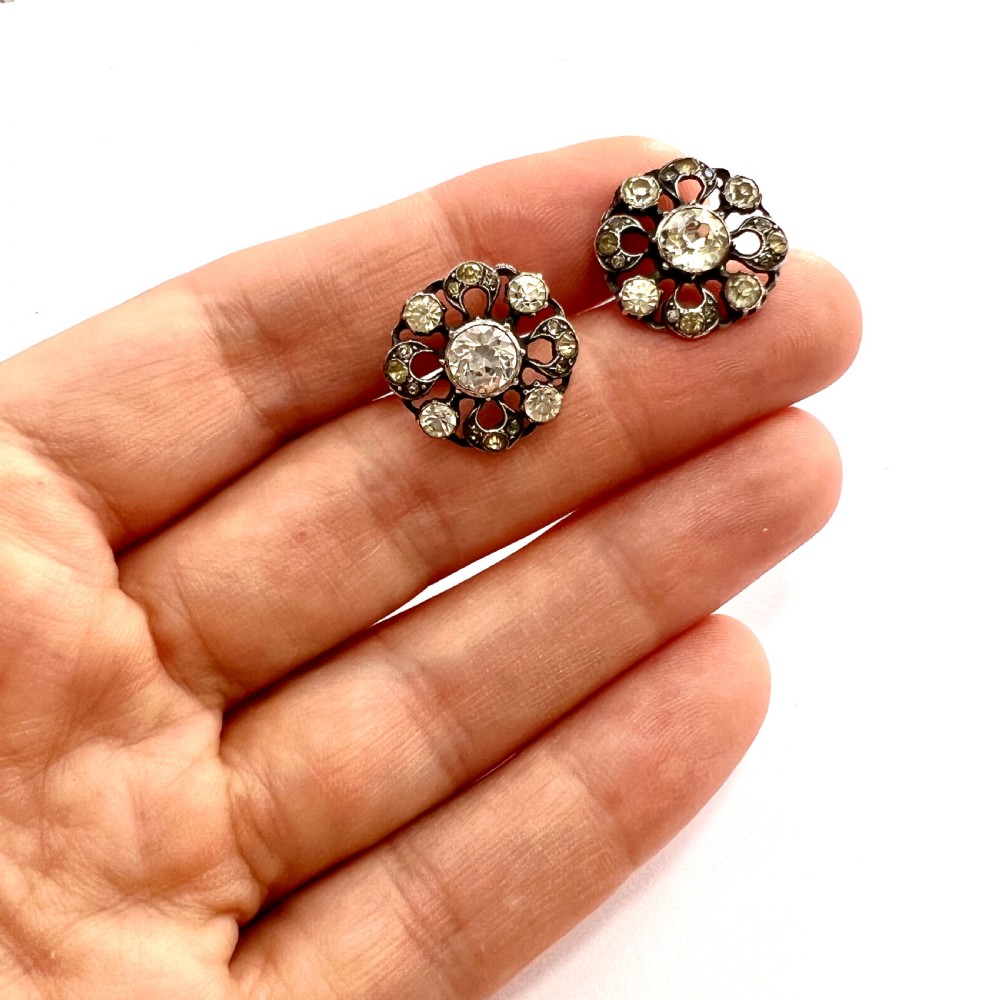 Georgian Silver Old Cut Paste Button Earrings View VIII
