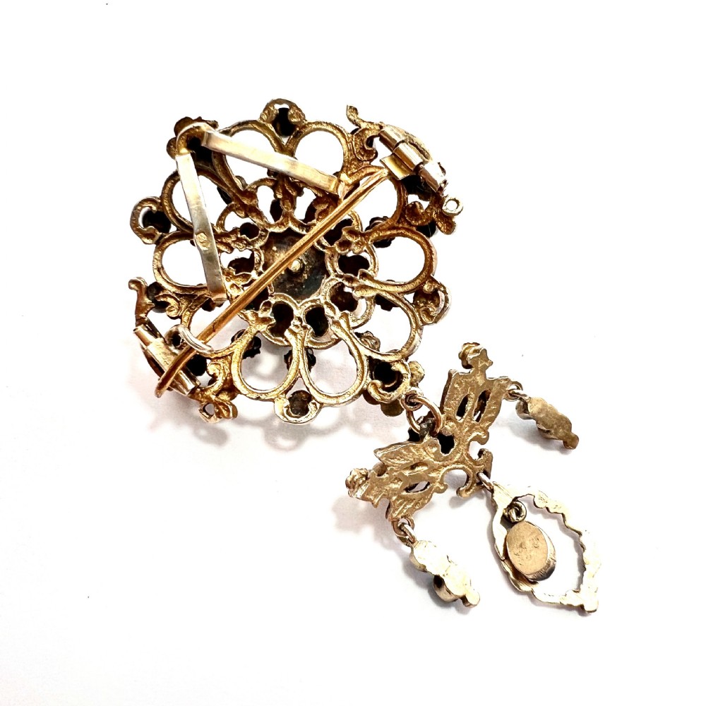 Austro-Hungarian Turquoise and Garnet Flower Pendant Brooch in Silver Gilt View III