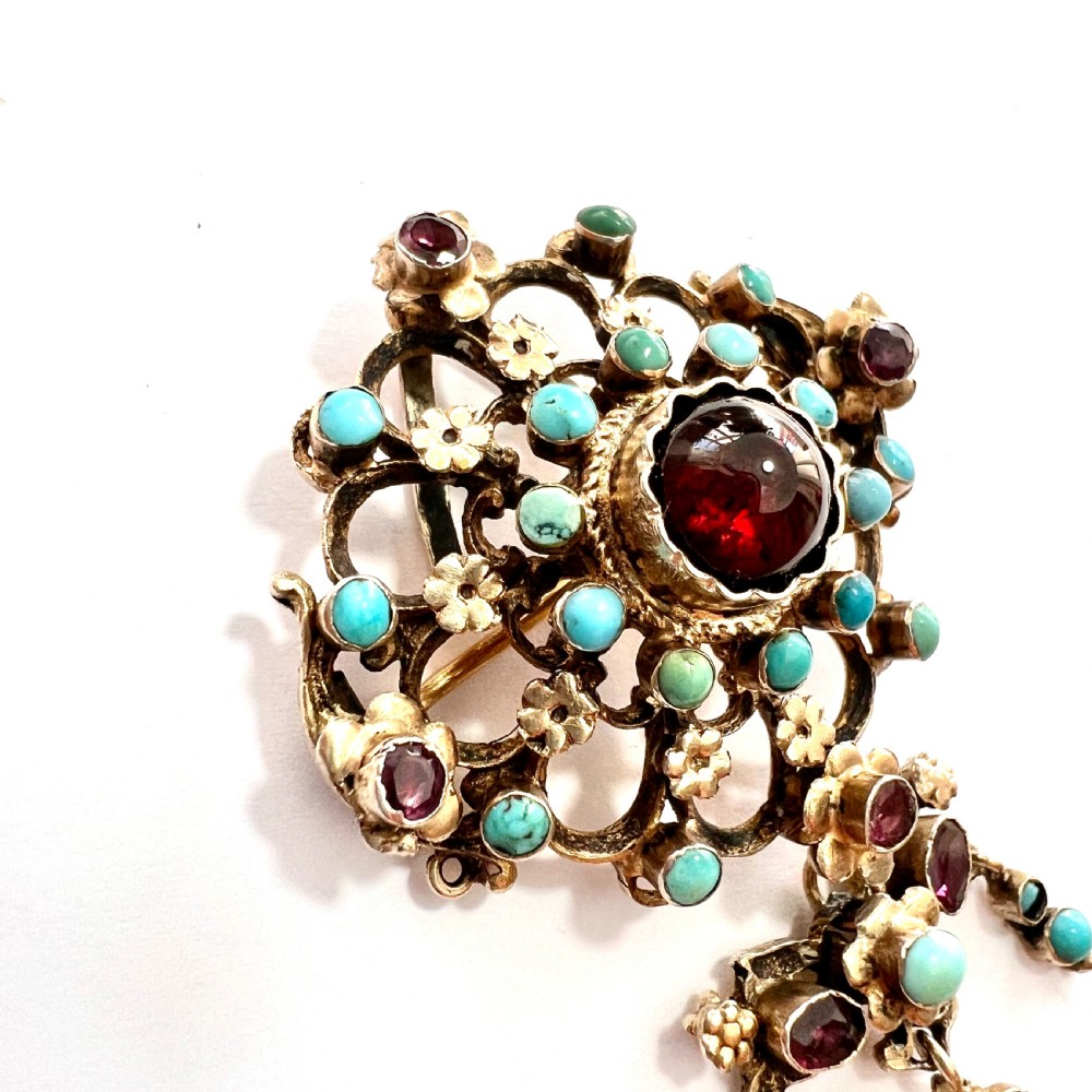 Austro-Hungarian Turquoise and Garnet Flower Pendant Brooch in Silver Gilt View IV
