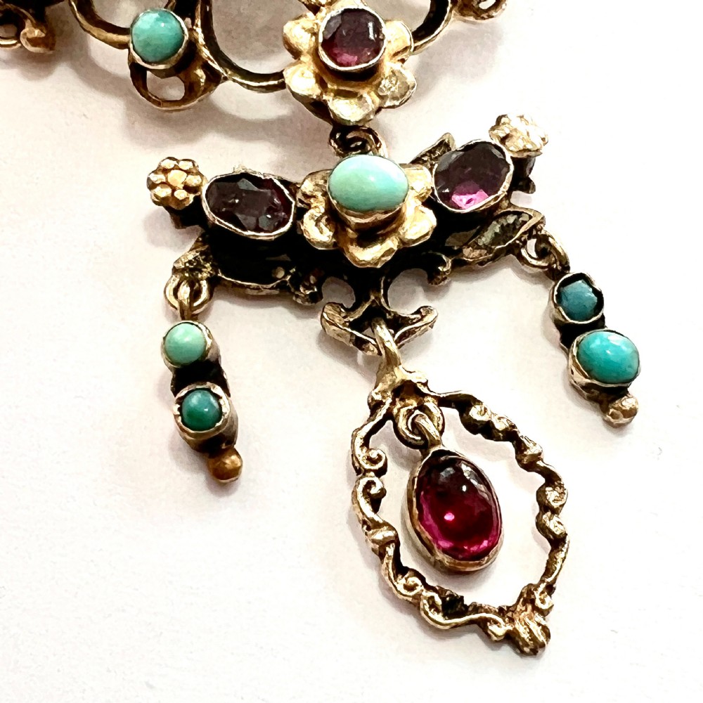 Austro-Hungarian Turquoise and Garnet Flower Pendant Brooch in Silver Gilt View V