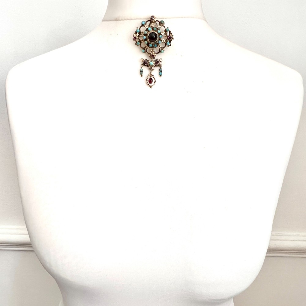 Austro-Hungarian Turquoise and Garnet Flower Pendant Brooch in Silver Gilt View VI