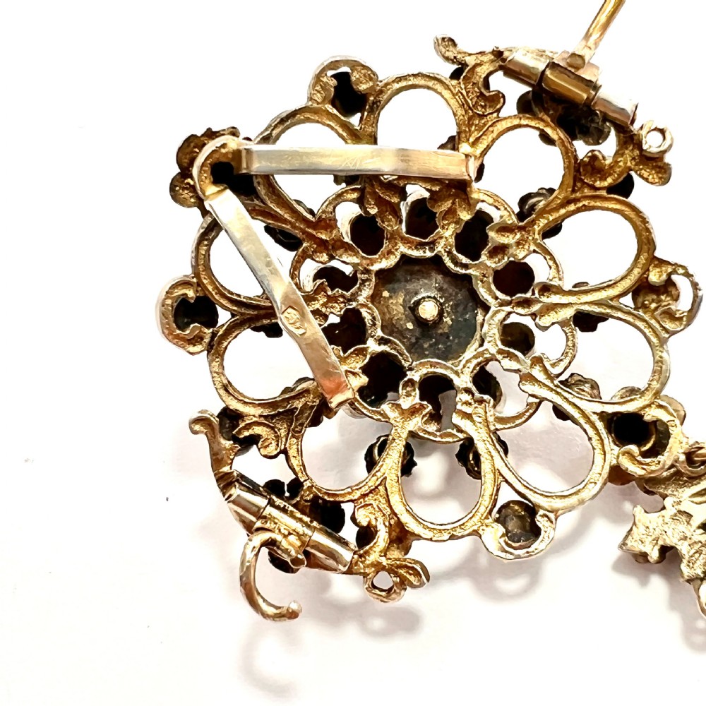 Austro-Hungarian Turquoise and Garnet Flower Pendant Brooch in Silver Gilt View VII