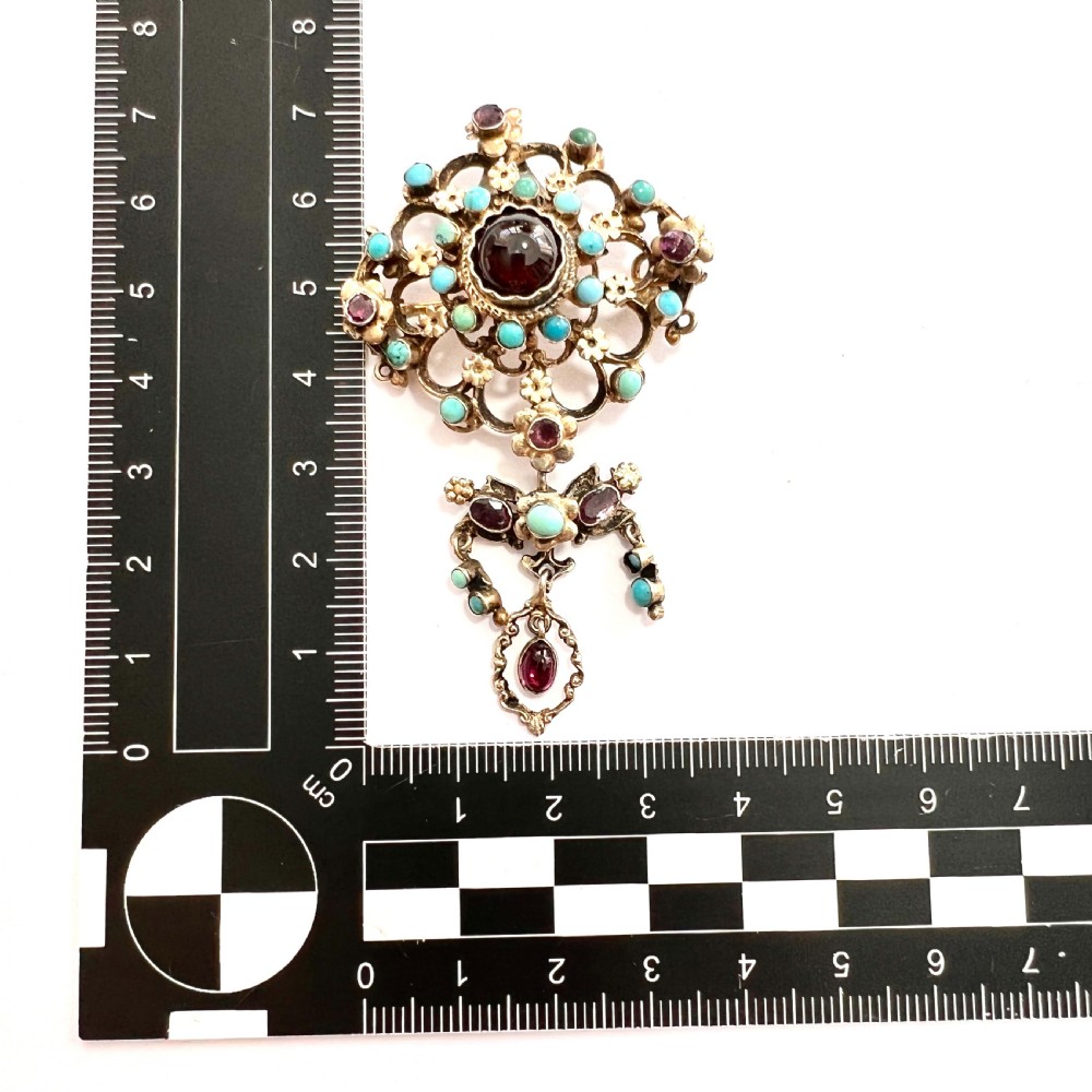 Austro-Hungarian Turquoise and Garnet Flower Pendant Brooch in Silver Gilt View VIII