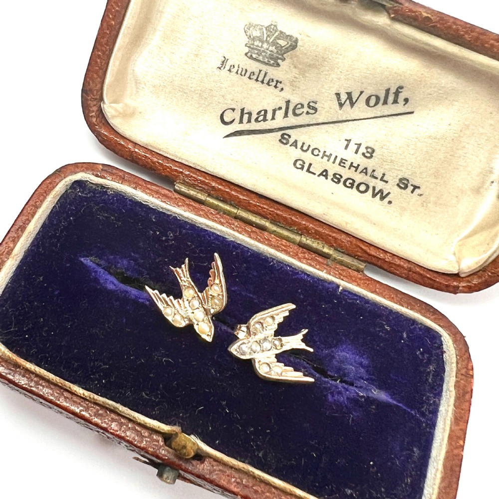 Victorian 9CT Gold and Pearl Swallow Earrings