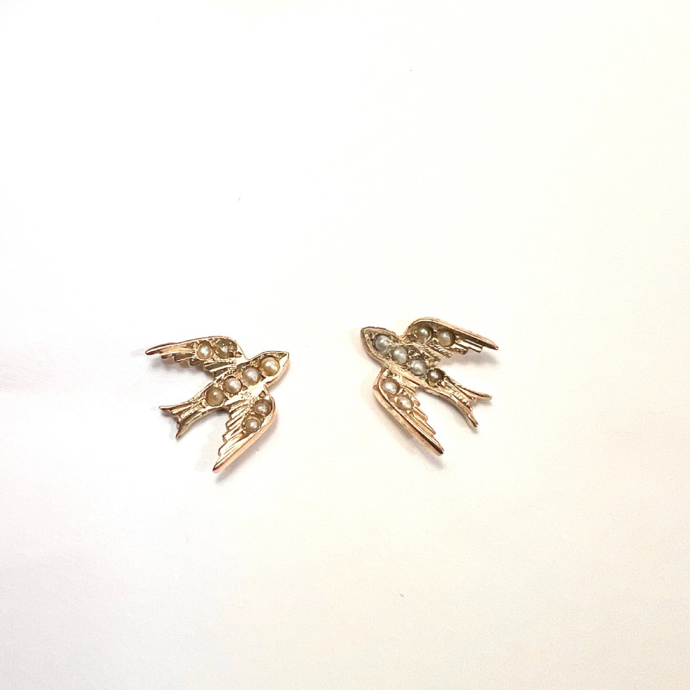Victorian 9CT Gold and Pearl Swallow Earrings View IV