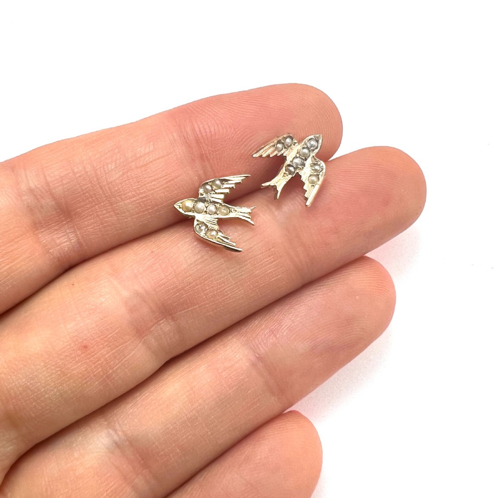 Victorian 9CT Gold and Pearl Swallow Earrings View VIII