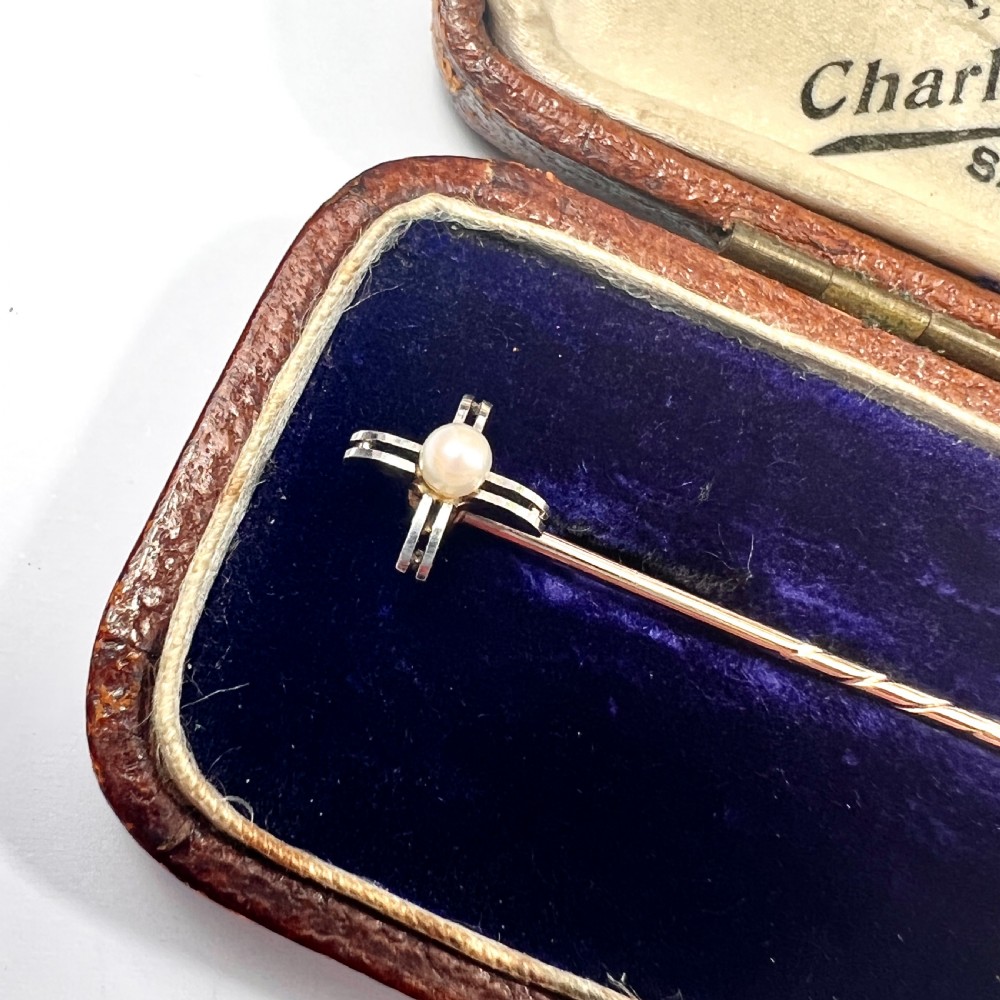 Art Deco 9CT Gold Pearl Cross Stick Pin View II