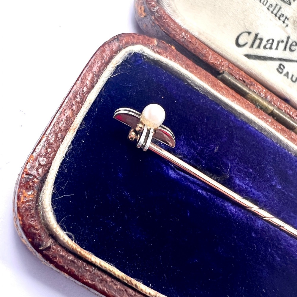 Art Deco 9CT Gold Pearl Cross Stick Pin View III