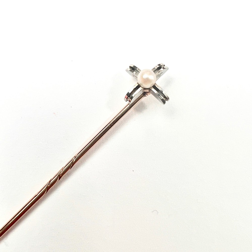 Art Deco 9CT Gold Pearl Cross Stick Pin View IV