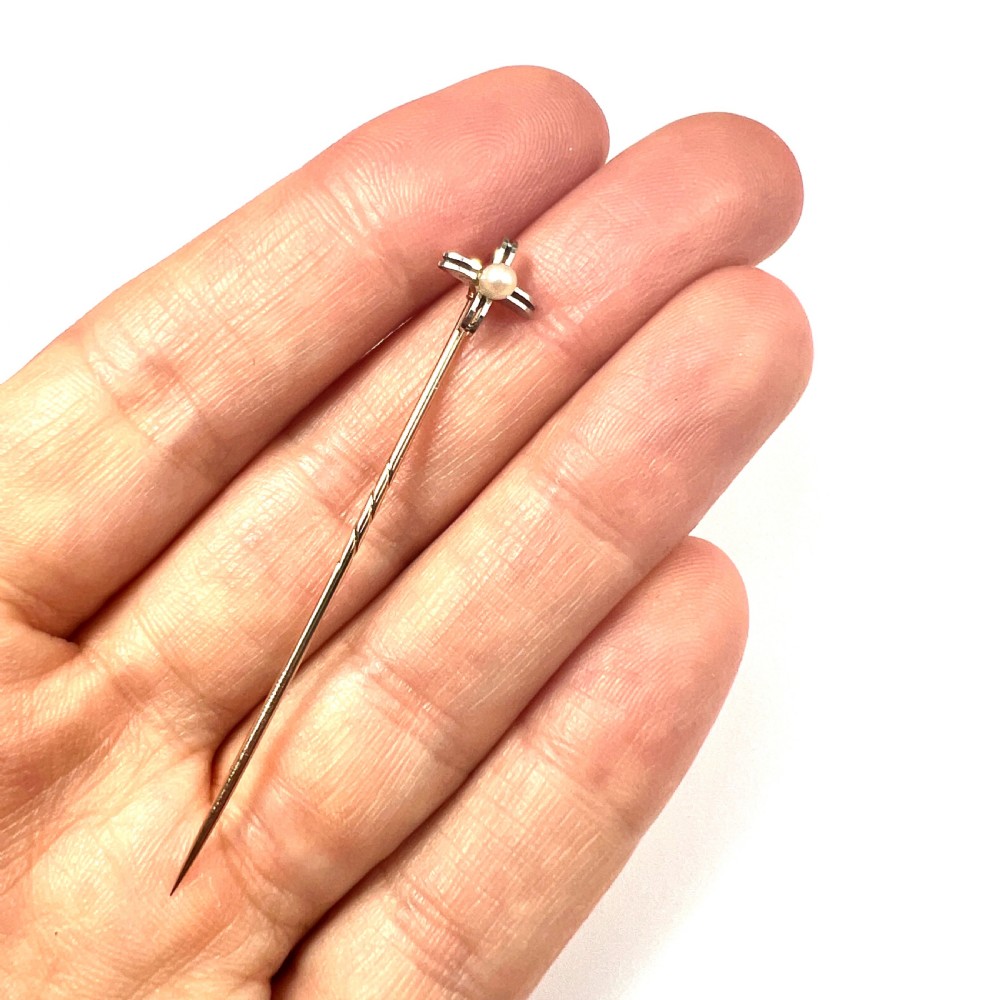 Art Deco 9CT Gold Pearl Cross Stick Pin View VII