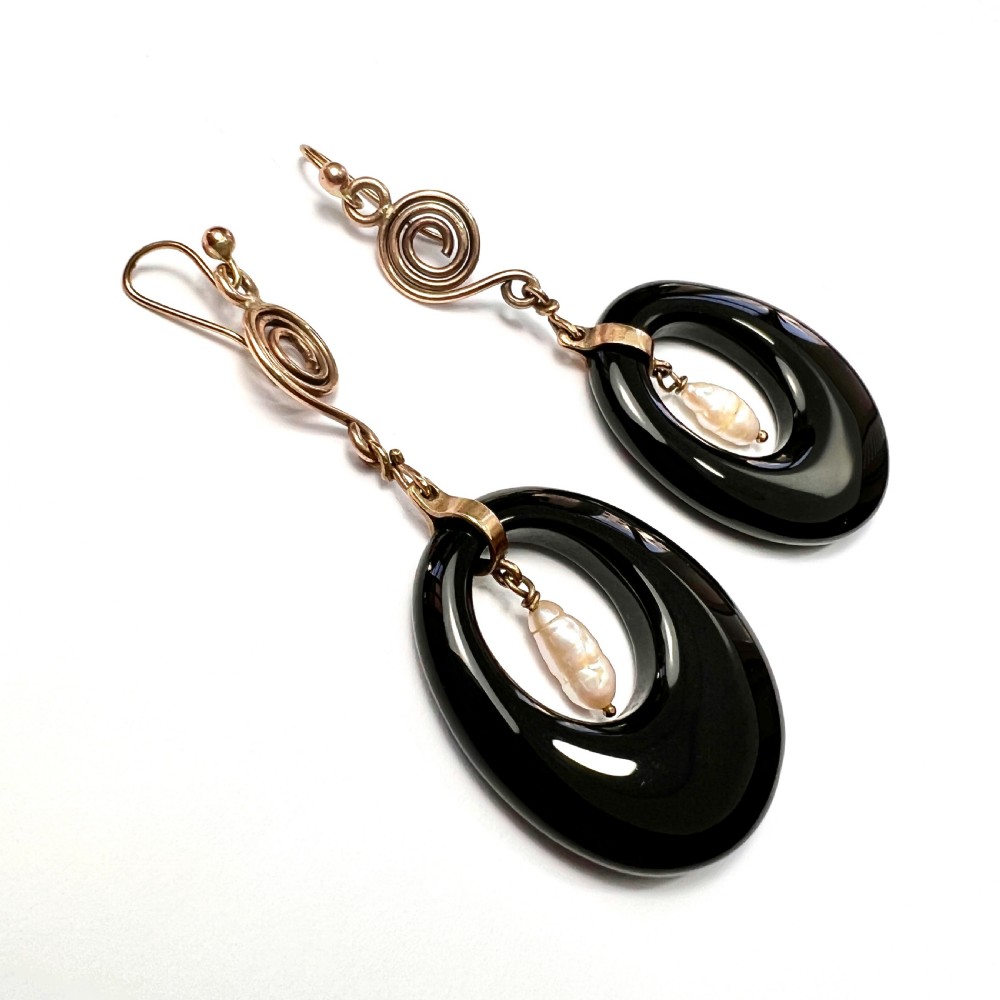 Art Deco 9CT Gold Pearl Onyx Hoop Earrings View II