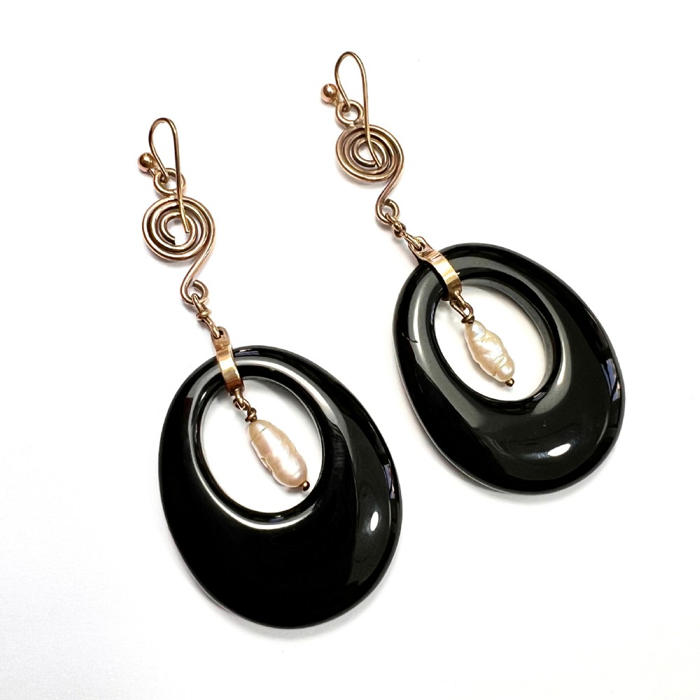 Art Deco 9CT Gold Pearl Onyx Hoop Earrings View III