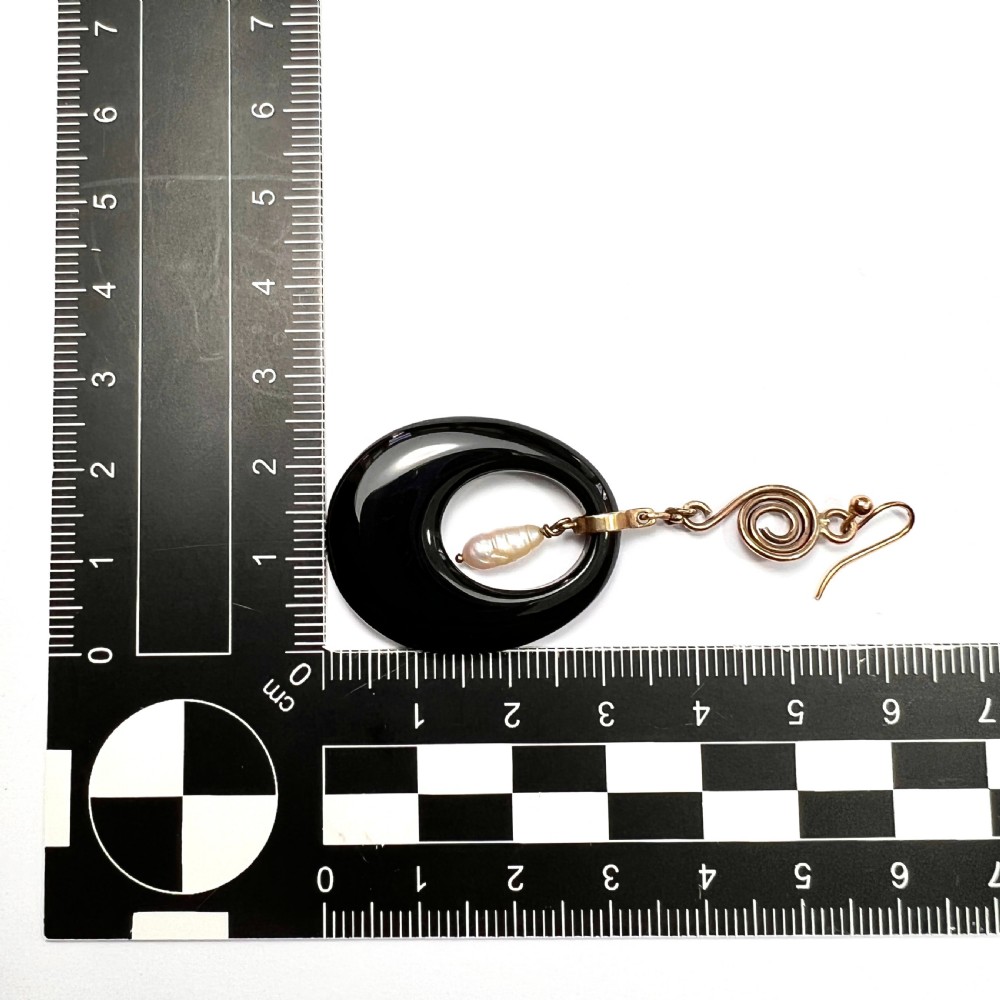 Art Deco 9CT Gold Pearl Onyx Hoop Earrings View IV