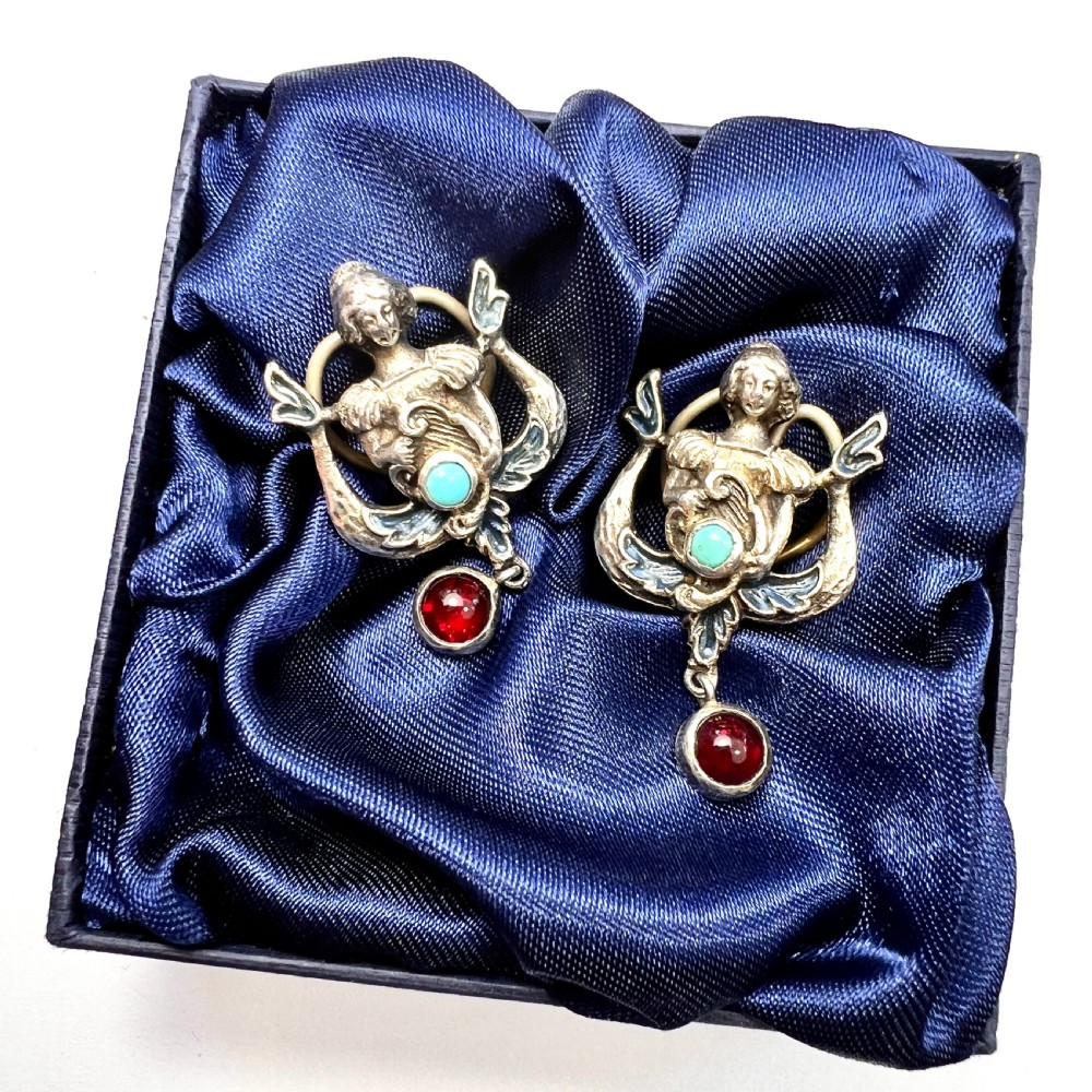 Rare Antique Austro Hungarian Style Enamel Silver Paste Earrings