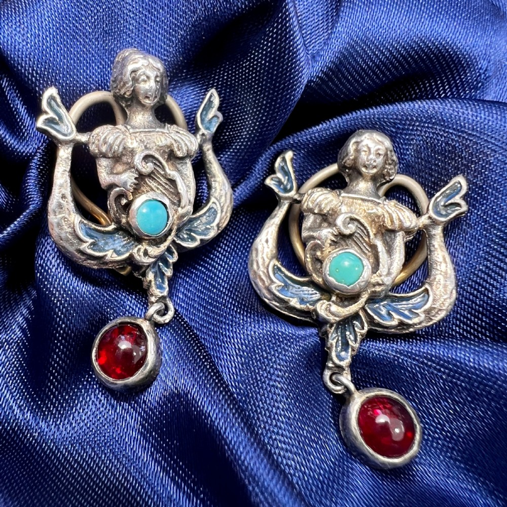 Rare Antique Austro Hungarian Style Enamel Silver Paste Earrings View II