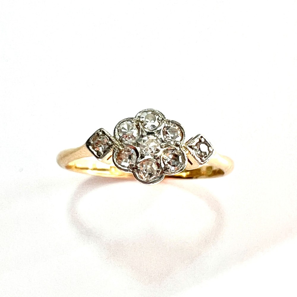 Art Deco 18CT Gold Platinum Diamond Flower Cluster Ring