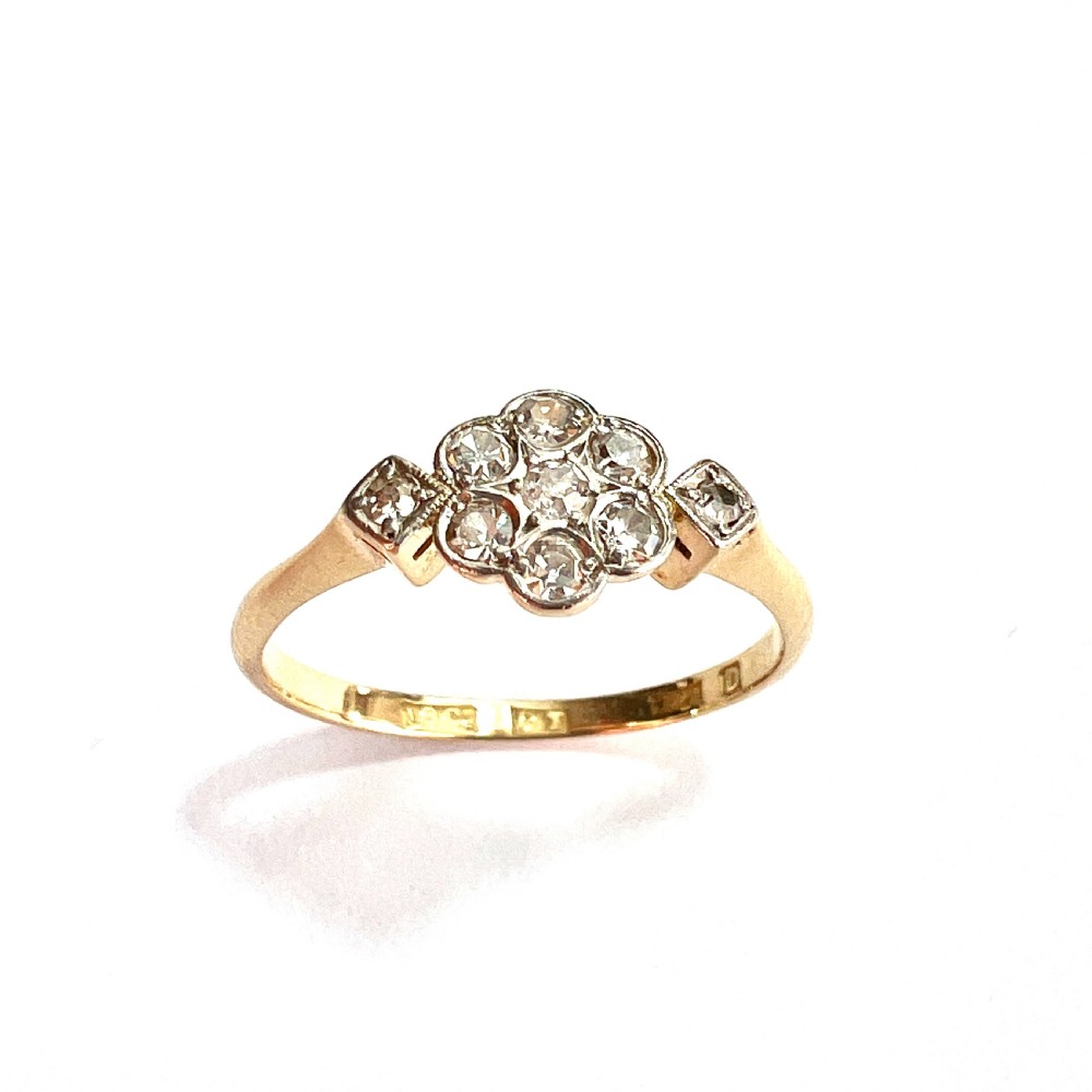 Art Deco 18CT Gold Platinum Diamond Flower Cluster Ring View III