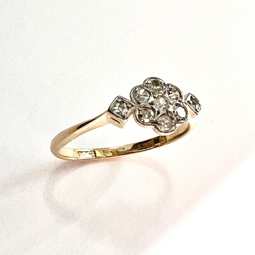 Art Deco 18CT Gold Platinum Diamond Flower Cluster Ring View IV