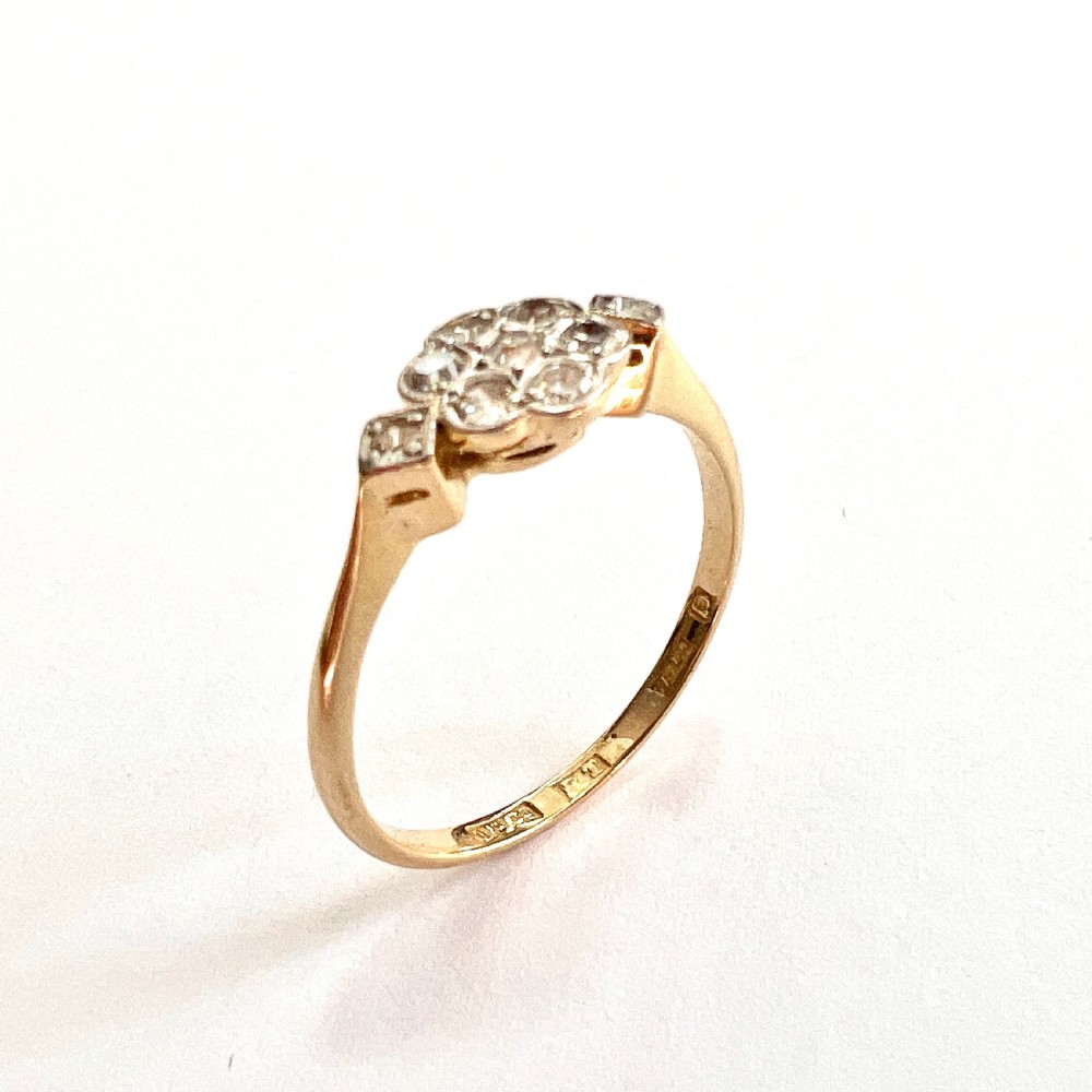 Art Deco 18CT Gold Platinum Diamond Flower Cluster Ring View V