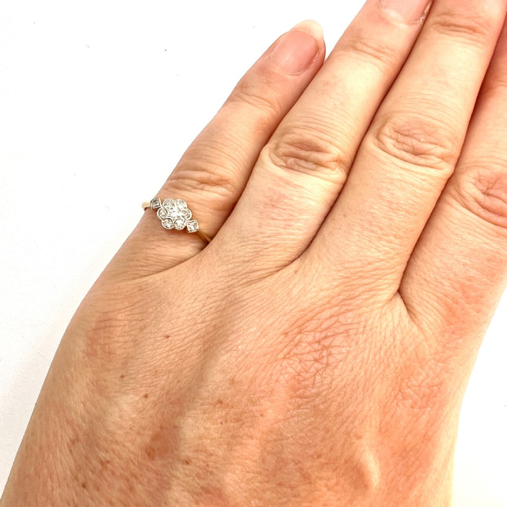 Art Deco 18CT Gold Platinum Diamond Flower Cluster Ring View VIII