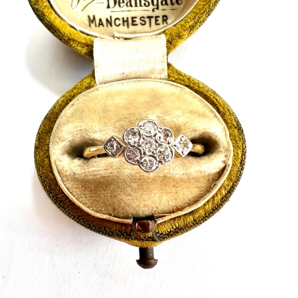 Art Deco 18CT Gold Platinum Diamond Flower Cluster Ring View IX
