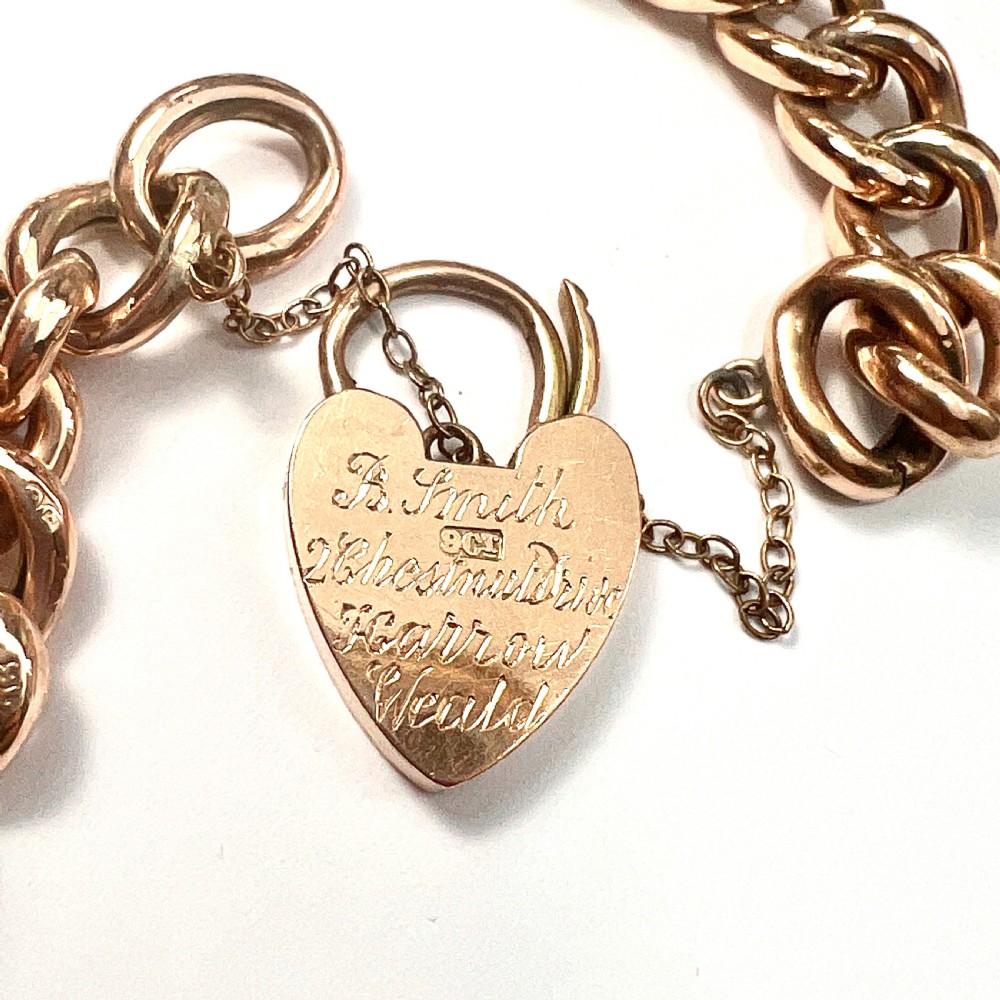 Antique 9CT Rose Gold Curb Chain Bracelet with Padlock View IV