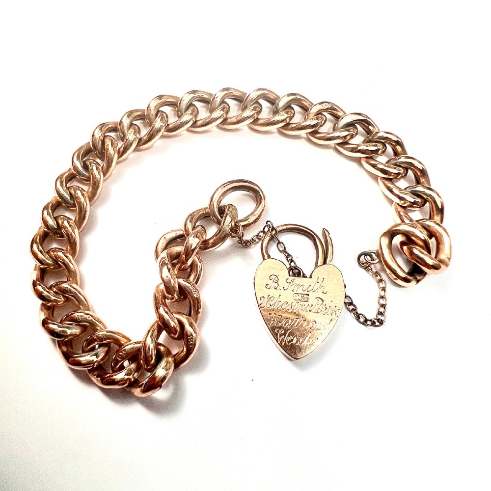 Antique 9CT Rose Gold Curb Chain Bracelet with Padlock View V