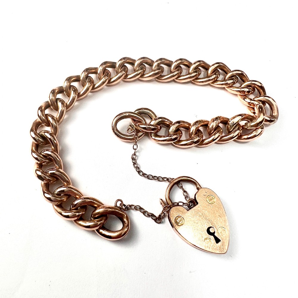 Antique 9CT Rose Gold Curb Chain Bracelet with Padlock View VI