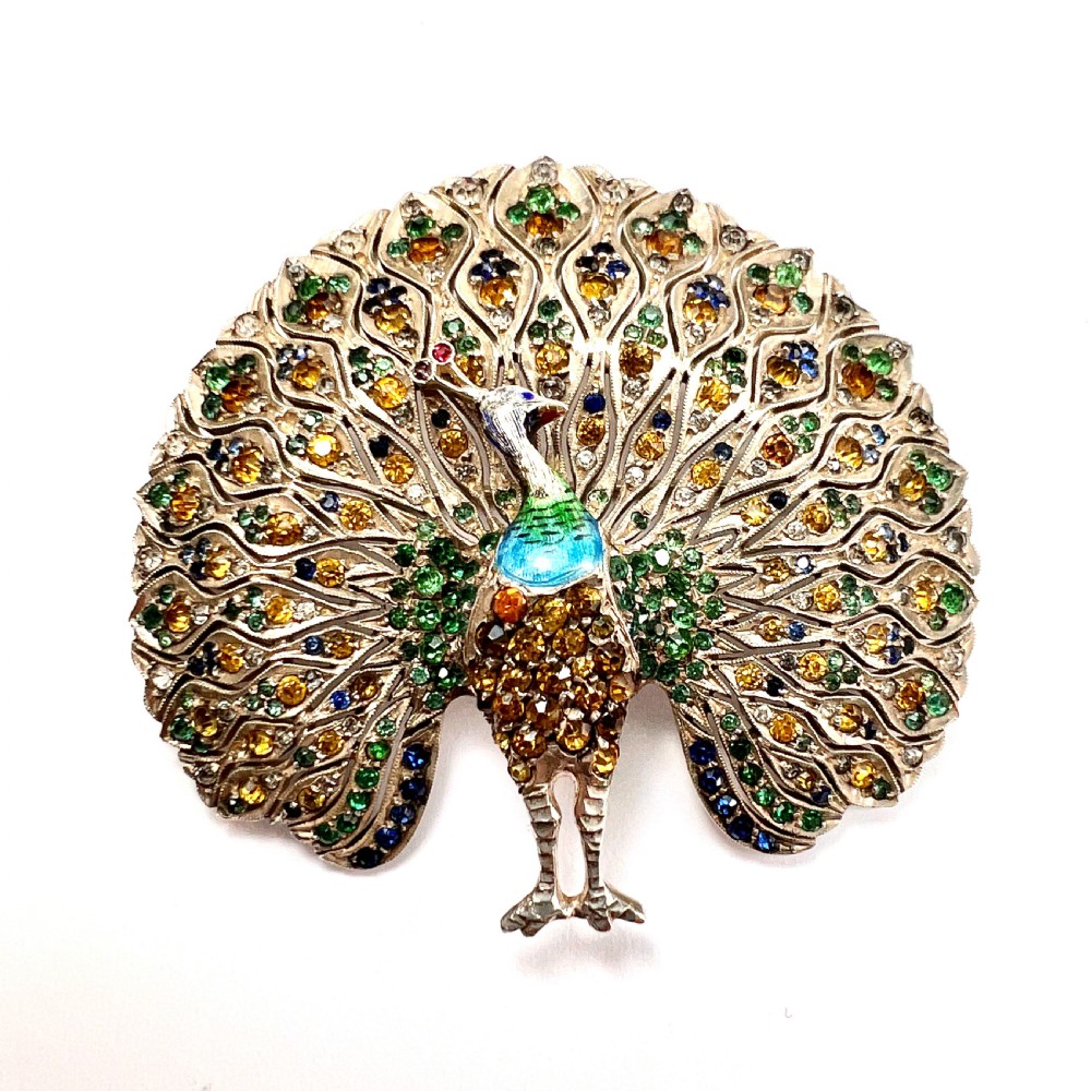 Huge Vintage Art Deco Paste Enamel Peacock Brooch in Sterling Silver