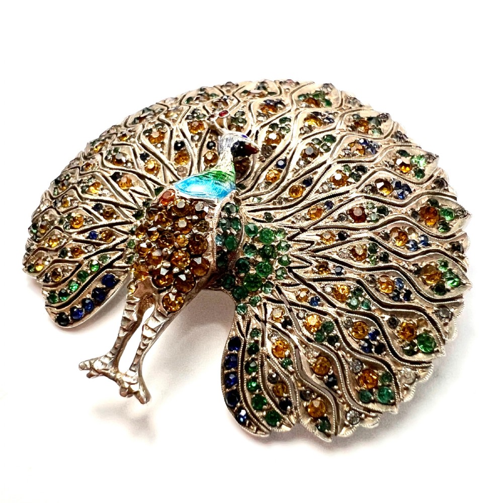 Huge Vintage Art Deco Paste Enamel Peacock Brooch in Sterling Silver View II