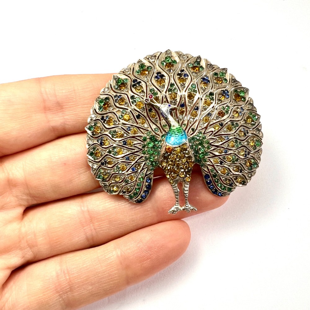 Huge Vintage Art Deco Paste Enamel Peacock Brooch in Sterling Silver View IV