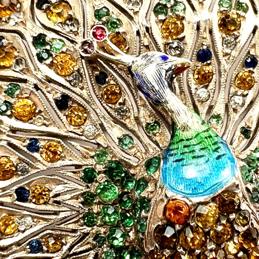 Huge Vintage Art Deco Paste Enamel Peacock Brooch in Sterling Silver View V