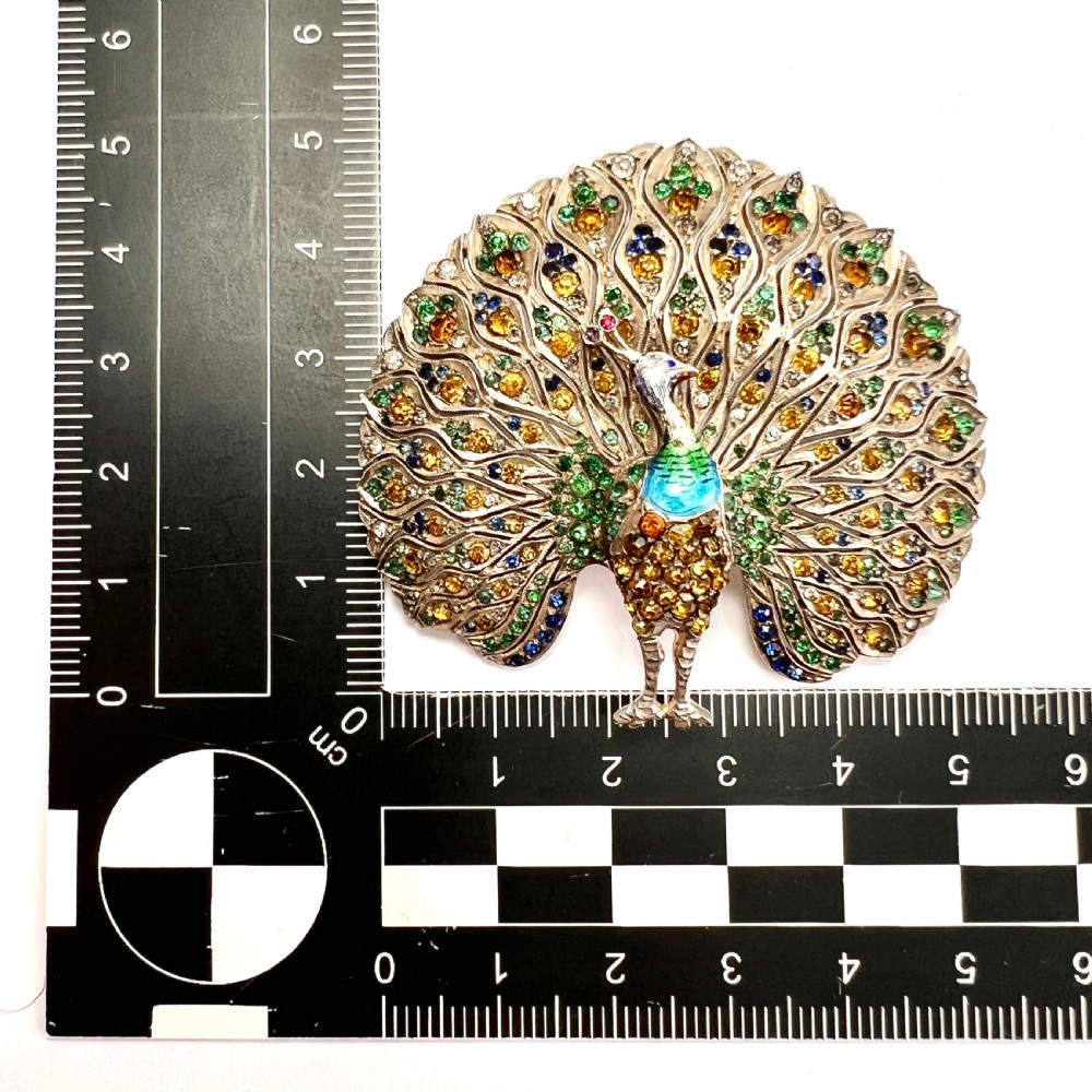 Huge Vintage Art Deco Paste Enamel Peacock Brooch in Sterling Silver View VI