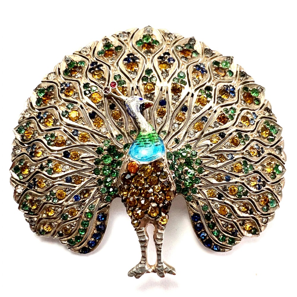 Huge Vintage Art Deco Paste Enamel Peacock Brooch in Sterling Silver View VII
